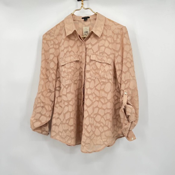 Ann Taylor Jacquard Leopard Tan Satin Button Up Long Sleeve Size 4 NWT - Picture 1 of 7